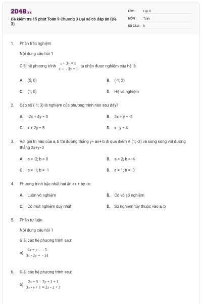 Đề kiểm tra 15 phút Toán 9 Chương 3 Đại số có đáp án (Đề 3)