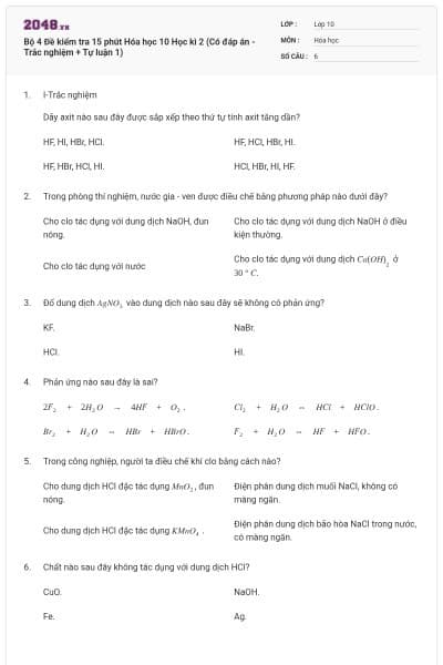 Bộ 4 Đề kiểm tra 15 phút Hóa học 10 Học kì 2 (Có đáp án - Trắc nghiệm + Tự luận 1)