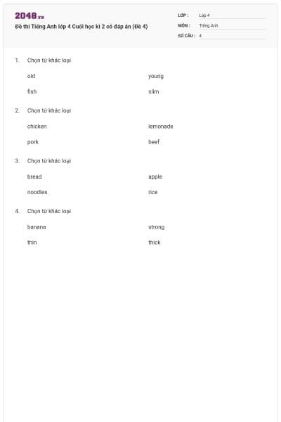 Đề thi Tiếng Anh lớp 4 Cuối học kì 2 có đáp án (Đề 4)