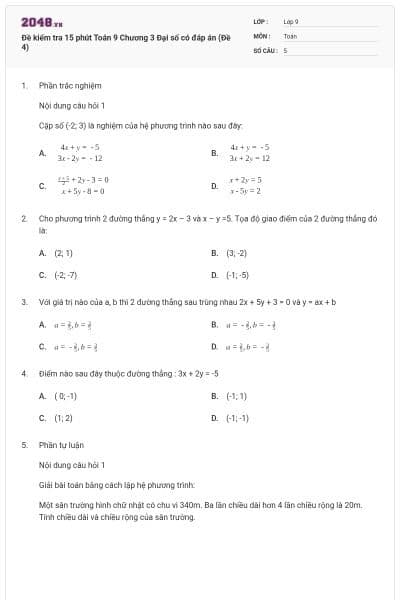 Đề kiểm tra 15 phút Toán 9 Chương 3 Đại số có đáp án (Đề 4)
