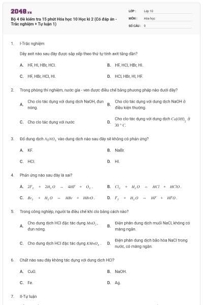 Bộ 4 Đề kiểm tra 15 phút Hóa học 10 Học kì 2 (Có đáp án - Trắc nghiệm + Tự luận 1)