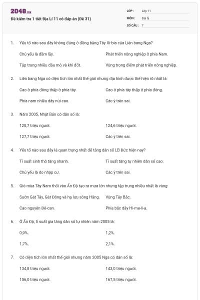 Đề kiểm tra 1 tiết Địa Lí 11 có đáp án (Đề 31)