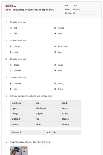 Đề thi Tiếng Anh lớp 4 Cuối học kì 2 có đáp án (Đề 4)