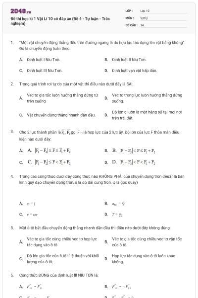 Đề thi học kì 1 Vật Lí 10 có đáp án (Đề 4 - Tự luận - Trắc nghiệm)
