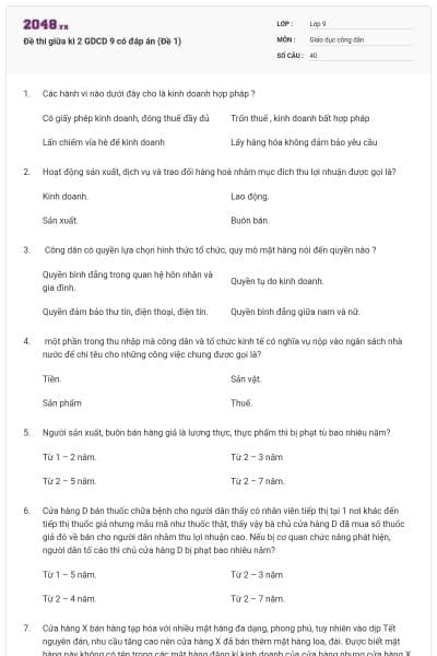 Đề thi giữa kì 2 GDCD 9 có đáp án (Đề 1)