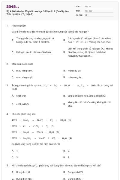Bộ 4  Đề kiểm tra 15 phút Hóa học 10 Học kì 2 (Có đáp án - Trắc nghiệm + Tự luận 2)