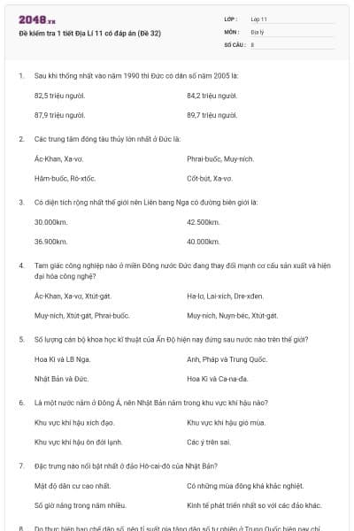 Đề kiểm tra 1 tiết Địa Lí 11 có đáp án (Đề 32)