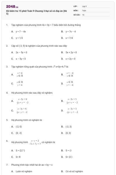 Đề kiểm tra 15 phút Toán 9 Chương 3 Đại số có đáp án (Đề 5)