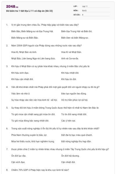Đề kiểm tra 1 tiết Địa Lí 11 có đáp án (Đề 33)