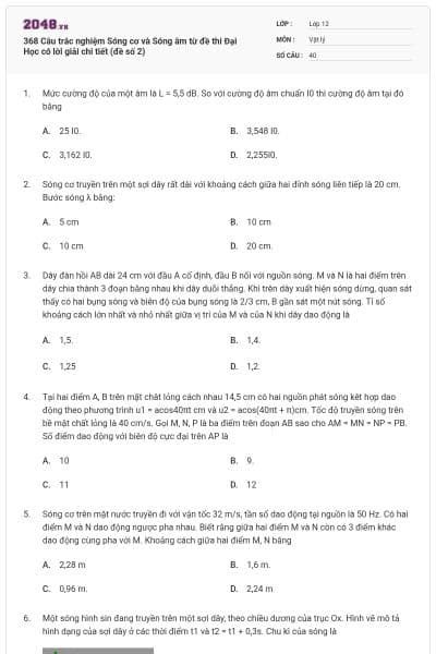 368 Câu trắc nghiệm Sóng cơ và Sóng âm từ đề thi Đại Học có lời giải chi tiết (đề số 2)