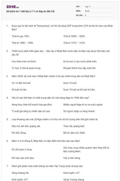 Đề kiểm tra 1 tiết Địa Lí 11 có đáp án (Đề 34)