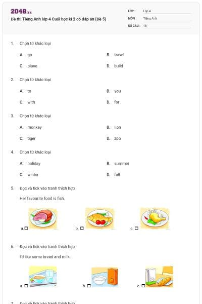Đề thi Tiếng Anh lớp 4 Cuối học kì 2 có đáp án (Đề 5)