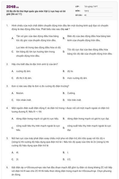 20 Bộ đề thi thử thpt quốc gia môn Vật Lí cực hay có lời giải (Đề số 11)