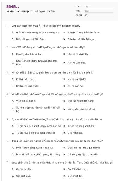 Đề kiểm tra 1 tiết Địa Lí 11 có đáp án (Đề 33)