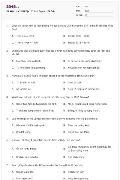 Đề kiểm tra 1 tiết Địa Lí 11 có đáp án (Đề 34)
