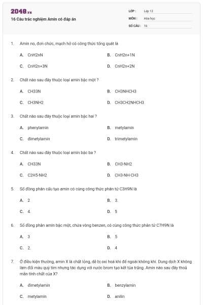 16 Câu trắc nghiệm Amin có đáp án