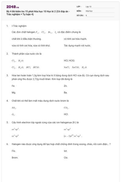 Bộ 4  Đề kiểm tra 15 phút Hóa học 10 Học kì 2 (Có đáp án - Trắc nghiệm + Tự luận 4)