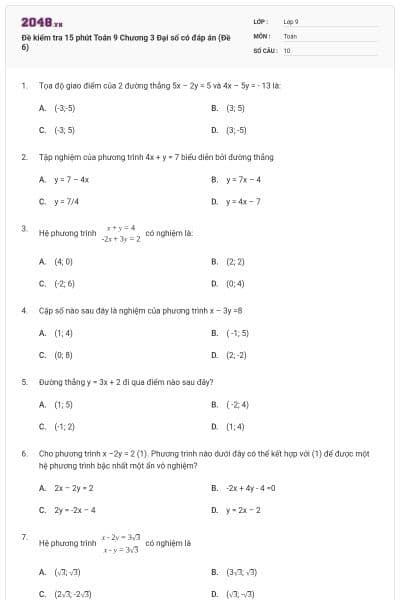 Đề kiểm tra 15 phút Toán 9 Chương 3 Đại số có đáp án (Đề 6)