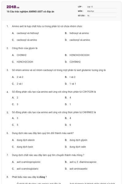 16 Câu trắc nghiệm AMINO AXIT có đáp án