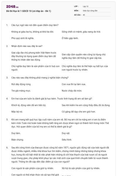 Đề thi Học kì 1 GDCD 10 (có đáp án - Đề 1)