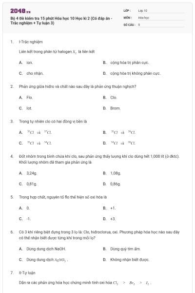 Bộ 4  Đề kiểm tra 15 phút Hóa học 10 Học kì 2 (Có đáp án - Trắc nghiệm + Tự luận 3)