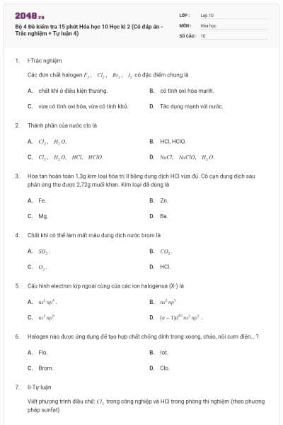Bộ 4  Đề kiểm tra 15 phút Hóa học 10 Học kì 2 (Có đáp án - Trắc nghiệm + Tự luận 4)