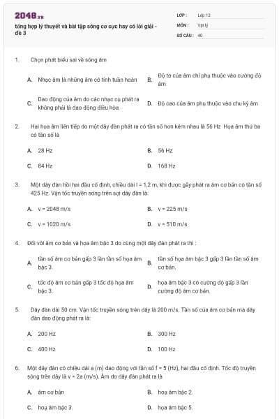 tổng hợp lý thuyết và bài tập sóng cơ cực hay có lời giải - đề 3