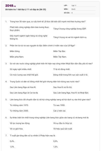 Đề kiểm tra 1 tiết Địa Lí 11 có đáp án (Đề 35)