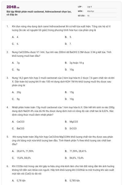 Bài tập Nhiệt phân muối cacbonat, hidrocacbonat chọn lọc, có đáp án