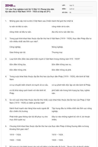 131 câu Trắc nghiệm Lịch Sử 12 Bài 12: Phong trào dân tộc dân chủ ở Việt Nam 1919 - 1925 có đáp án (P1)