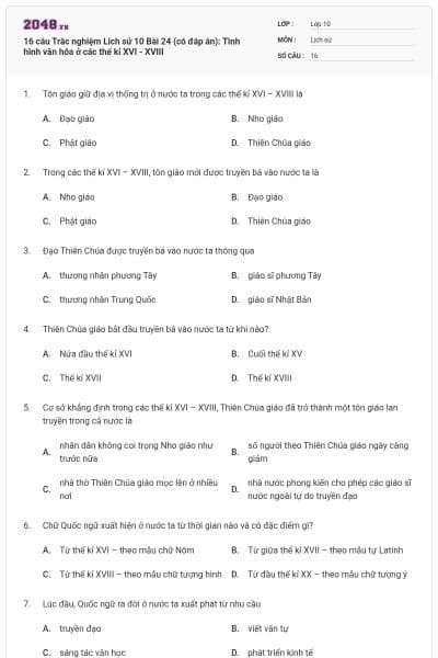 16 câu Trắc nghiệm Lich sử 10 Bài 24 (có đáp án): Tình hình văn hóa ở các thế kỉ XVI - XVIII