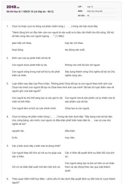 Đề thi Học kì 1 GDCD 10 (có đáp án - Đề 2)