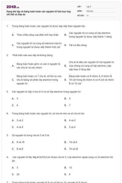 Dạng bài tập về bảng tuần hoàn các nguyên tố hóa học hay, chi tiết có đáp án