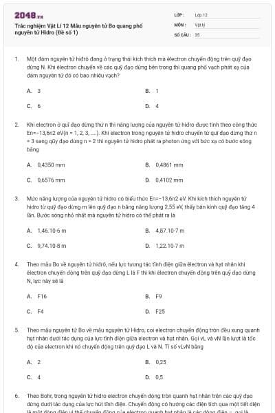 Trắc nghiệm Vật Lí 12 Mẫu nguyên tử Bo quang phổ nguyên tử Hidro (Đề số 1)