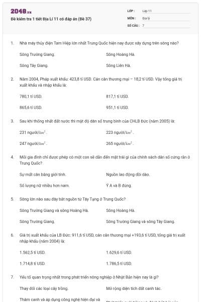 Đề kiểm tra 1 tiết Địa Lí 11 có đáp án (Đề 37)