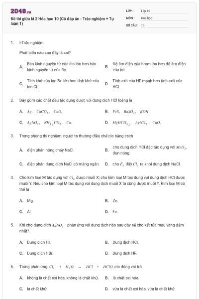 Đề thi giữa kì 2 Hóa học 10 (Có đáp án - Trắc nghiệm + Tự luận 1)