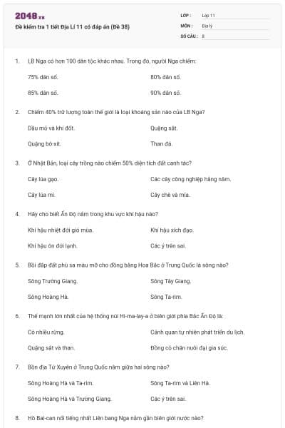 Đề kiểm tra 1 tiết Địa Lí 11 có đáp án (Đề 38)