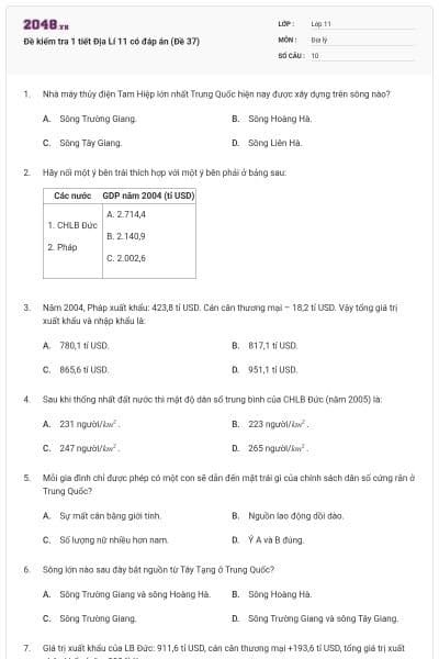 Đề kiểm tra 1 tiết Địa Lí 11 có đáp án (Đề 37)