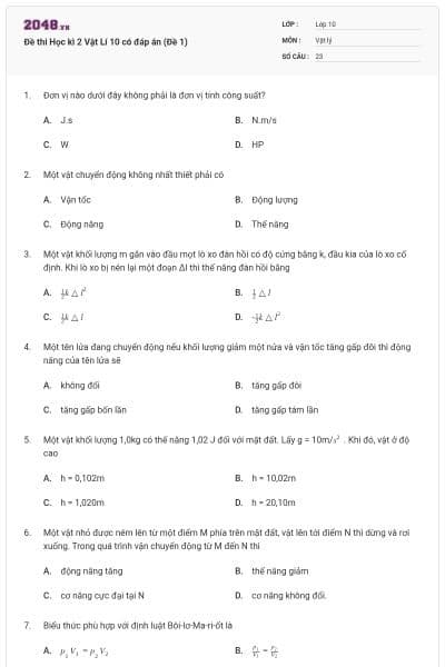 Đề thi Học kì 2 Vật Lí 10 có đáp án (Đề 1)