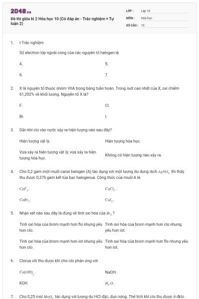 Đề thi giữa kì 2 Hóa học 10 (Có đáp án - Trắc nghiệm + Tự luận 2)