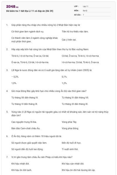 Đề kiểm tra 1 tiết Địa Lí 11 có đáp án (Đề 39)