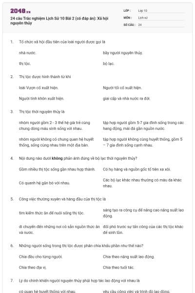 24 câu Trắc nghiệm Lịch Sử 10 Bài 2 (có đáp án): Xã hội nguyên thủy