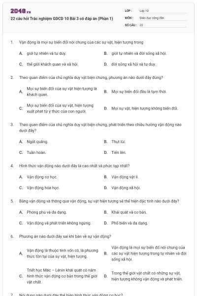 22 câu hỏi Trắc nghiệm GDCD 10 Bài 3 có đáp án (Phần 1)