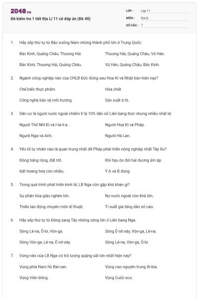 Đề kiểm tra 1 tiết Địa Lí 11 có đáp án (Đề 40)