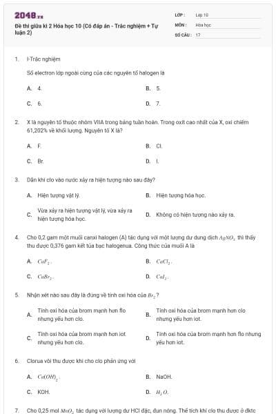 Đề thi giữa kì 2 Hóa học 10 (Có đáp án - Trắc nghiệm + Tự luận 2)