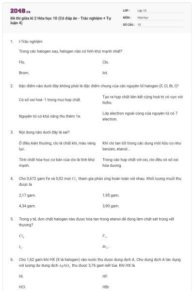Đề thi giữa kì 2 Hóa học 10 (Có đáp án - Trắc nghiệm + Tự luận 4)