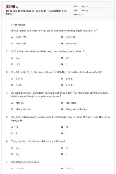 Đề thi giữa kì 2 Hóa học 10 (Có đáp án - Trắc nghiệm + Tự luận 3)