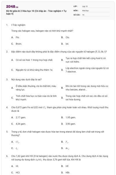 Đề thi giữa kì 2 Hóa học 10 (Có đáp án - Trắc nghiệm + Tự luận 4)