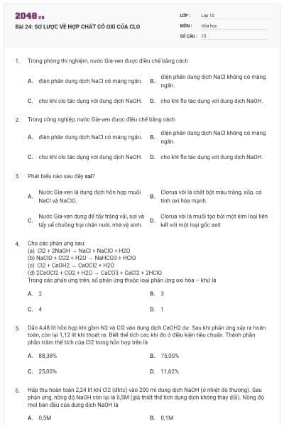 Bài 24: SƠ LƯỢC VỀ HỢP CHẤT CÓ OXI CỦA CLO