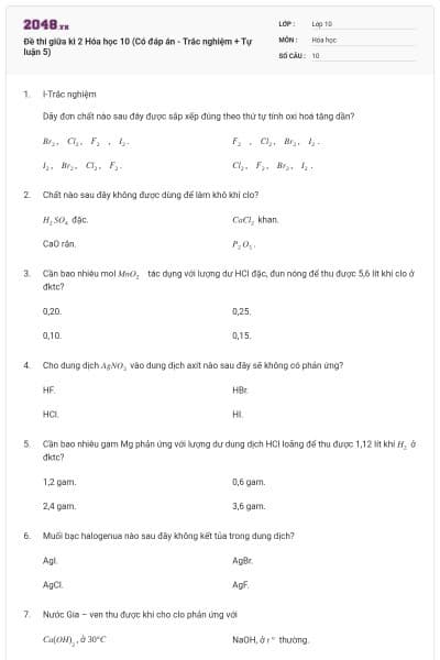 Đề thi giữa kì 2 Hóa học 10 (Có đáp án - Trắc nghiệm + Tự luận 5)